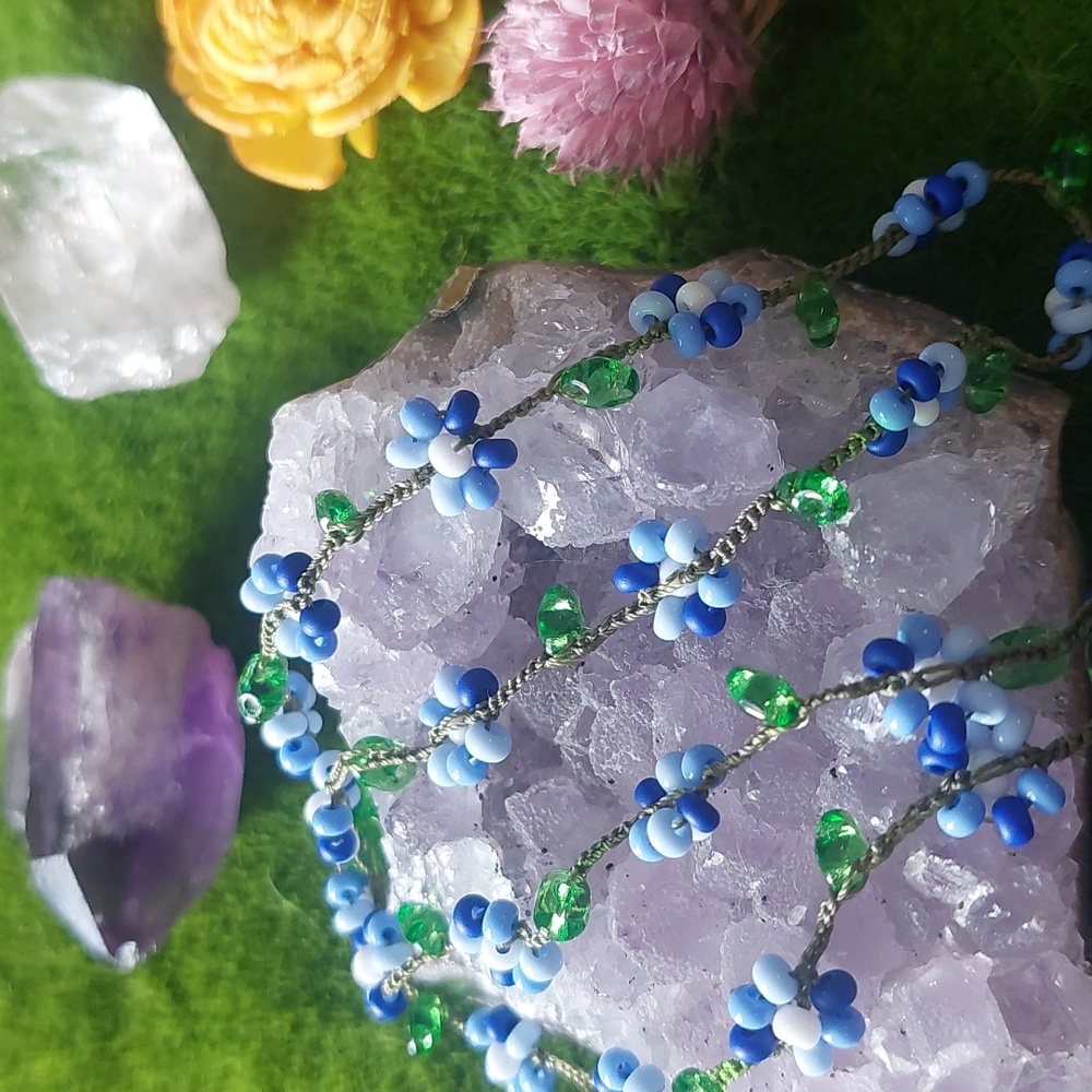 Hand Crafted Dainty Floral Necklace, Blues, 18 Inch, By Rust Belt Raised